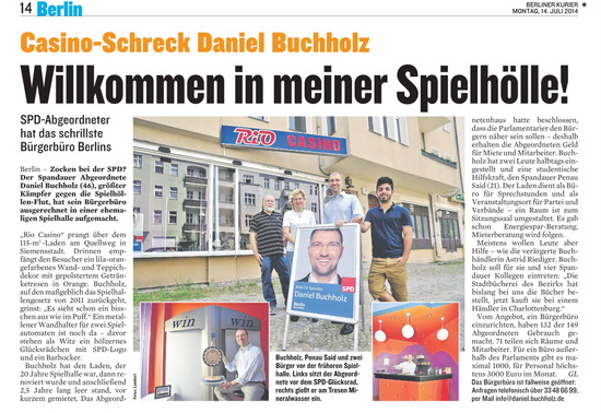 Willkommen in meiner Spielhalle - Artikel "Berliner Kurier" zur Eröffnung des Bürgerbüros von Daniel Buchholz